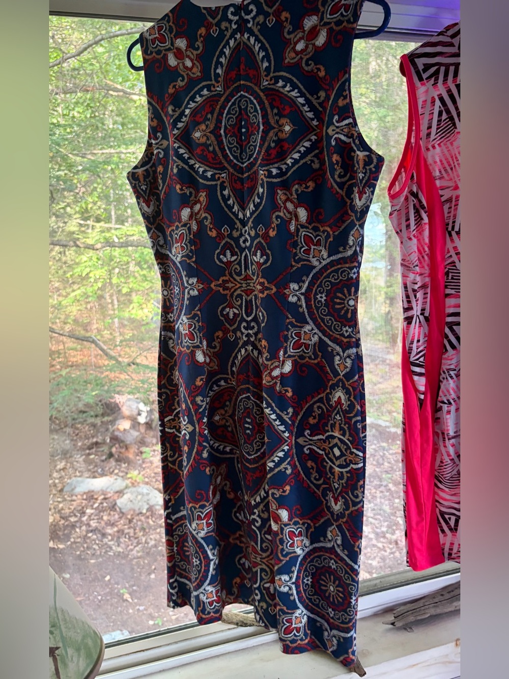 J. McLaughlin Navy Paisley Midi Dress with Red and Cream Accents